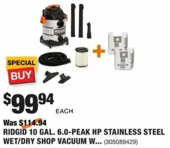The Home Depot Ridgid 10 Gal. 6.0-Peak HP Stainless Steel Wet/Dry Shop Vacuum offer