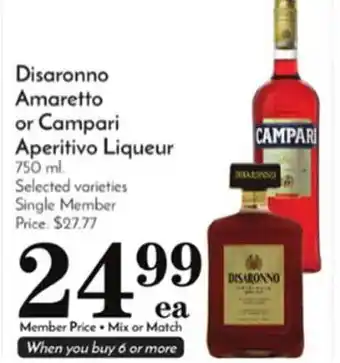 Pavilions Disaronno amaretto or campari aperitivo liqueur offer