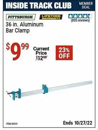 Harbor Freight Tools Pittsburgh aluminum bar clamp offer