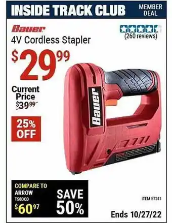 Harbor Freight Tools Bauer 4v cordless stapler offer