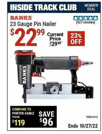 Harbor Freight Tools Banks 23 gauge pin nailer offer