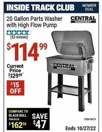Harbor Freight Tools Central machinery 20 gallon parts washer with high flow pump offer