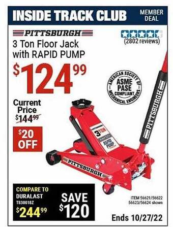 Harbor Freight Tools Pittsburgh 3 ton floor jack with rapid pump offer