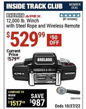 Harbor Freight Tools Badland apex winch with steel rope and wireless remote offer