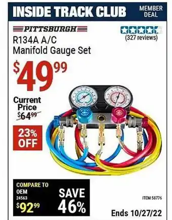 Harbor Freight Tools Pittsburgh r134a a-c manifold gauge set offer