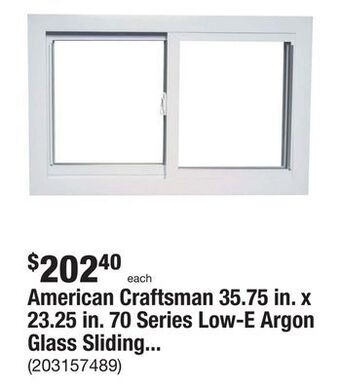 The Home Depot American craftsman 35.75 in. x 23.25 in. 70 series low-e argon glass sliding white vinyl replacement window, screen incl offer