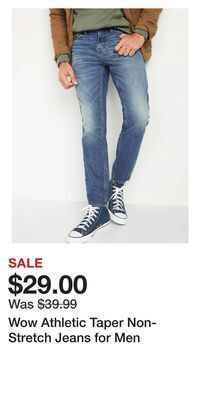 Old Navy Wow athletic taper non-stretch jeans for men offer