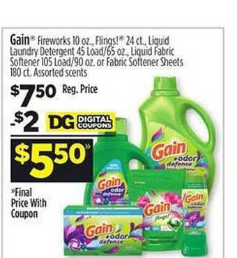 Dollar General Gain fireworks, flings!, liquid laundry detergent offer