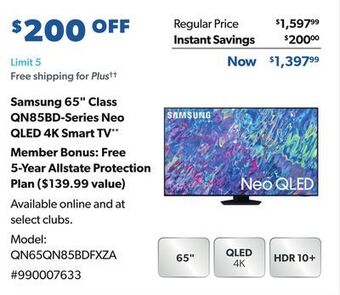 Sam's Club Samsung 65" class qn85bd-series neo qled 4k smart tv** offer