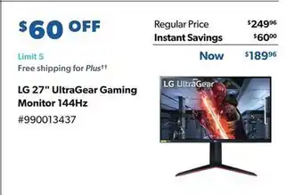 Sam's Club Lg 27" ultragear gaming monitor 144hz offer