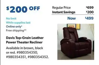 Sam's Club Davis top-grain leather power theater recliner offer