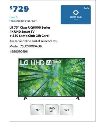 Sam's Club Lg 75" class uq8000 series 4k uhd smart tv** + $30 sam's club giˆ card1 offer