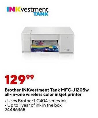 Staples Brother inkvestment tank mfc-j1205w all-in-one wireless color inkjet printer offer