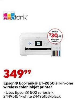 Staples Epson ecotank et-2850 all-in-one wireless color inkjet printer offer