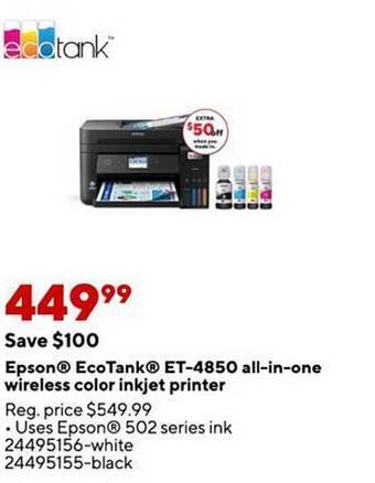 Staples Epson ecotank et-4850 all-in-one wireless color inkjet printer offer