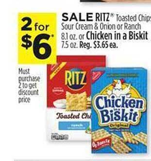 Dollar General Ritz toasted chips sour cream & onion or ranch or chicken in a biskit offer