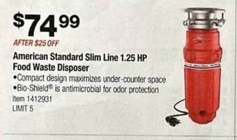 Costco American standard slim line 1.25 hp food waste disposer offer