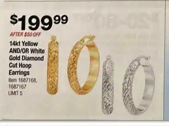 Costco 14kt yellow or white gold diamond cut hoop earrings offer