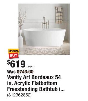 The Home Depot Vanity art bordeaux 54 in. acrylic flatbottom freestanding bathtub in white offer