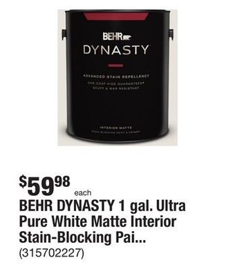 The Home Depot Behr dynasty 1 gal. ultra pure white matte interior stain-blocking paint & primer offer