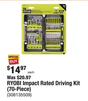 The Home Depot Ryobi impact rated driving kit (70-piece) offer
