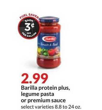 Hy-Vee Barilla protein plus, legume pasta or premium sauce offer