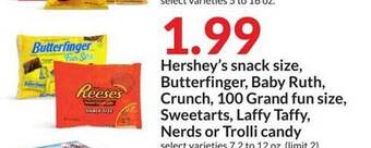 Hy-Vee Hershey's snack size, butterfinger, baby ruth, crunch, 100 grand fun size, sweetarts, laffy taffy, nerds or trolli candy offer