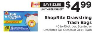 ShopRite Drawstring trash bags offer