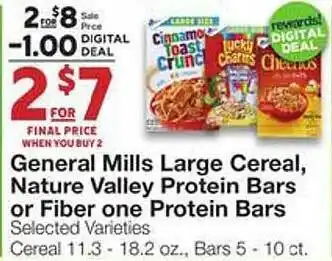 Market Street General mills large cereal, nature valley protein bars or fiber one protein bars offer