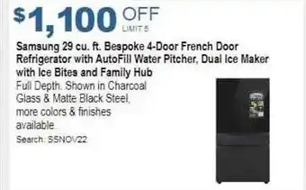 Costco Samsung, bespoke 4-door french door refrigerator with autofill water pitcher, dual ice maker with ice bites and family hub offer