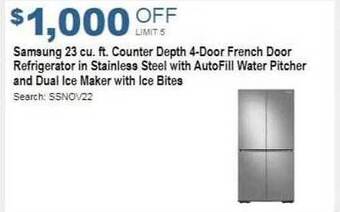 Costco Samsung counter depth 4-door french door refrigerator in stainless steel with autofill water pitcher and dual ice maker with offer