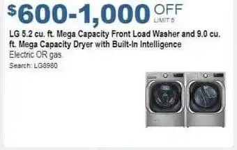 Costco Lg mega capacity front load washer and dryer with built-in intelligence offer