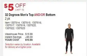 Costco 32 degrees men's top or bottom offer