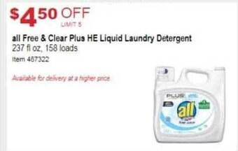 Costco All free & clear plus he liquid laundry detergent offer