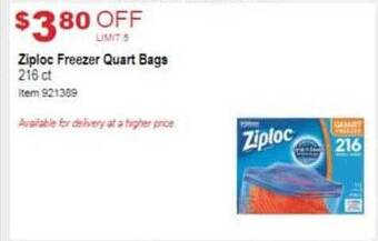Costco Ziploc freezer quart bags offer