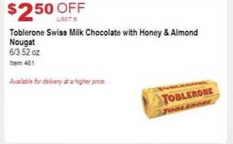 Costco Toblerone swiss milk chocolate with honey & almond nougat offer