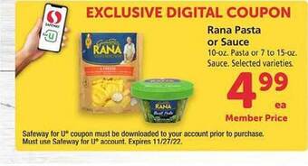 Safeway Rana pasta or sauce offer