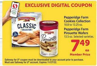 Safeway Pepperidge farm cookies collection or pirouette wafers offer