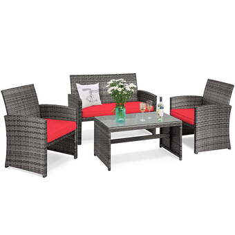 Walmart Costway 4pcs patio rattan conversation glass table top cushioned sofa red offer