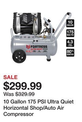 Harbor Freight Tools 10 gallon 175 psi ultra quiet horizontal shop/auto air compressor offer