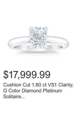 Costco Cushion cut 1.80 ct vs1 clarity, g color diamond platinum solitaire ring offer
