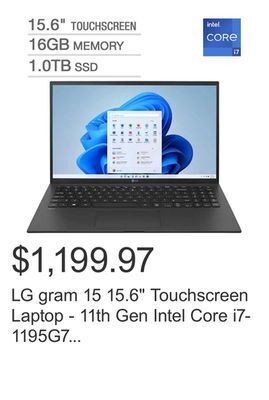 Costco Lg gram 15 15.6" touchscreen laptop - 11th gen intel core i7-1195g7 - 1080p - windows 11 offer