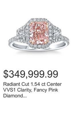Costco Radiant cut 1.54 ct center vvs1 clarity, fancy pink diamond platinum halo ring offer