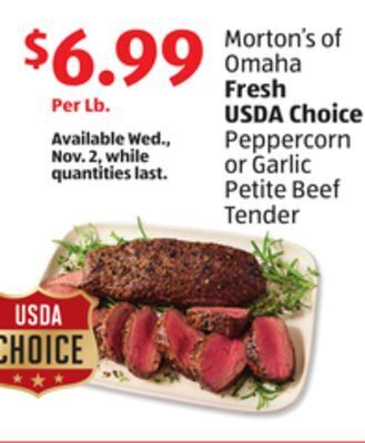 Aldi Morton's of omaha fresh usda choice peppercorn or garlic petite beef tender offer