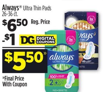 Dollar General Always® ultra thin pads offer