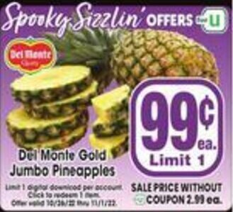 Jewel-Osco Del Monte Gold Jumbo Pineapples offer