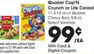 Kroger Quaker Cap'n Crunch or Life Cereal offer