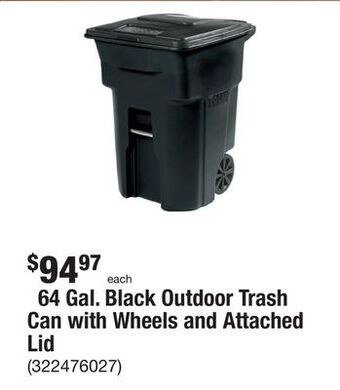 The Home Depot 64 gal. black outdoor trash can with wheels and attached lid offer