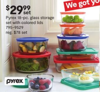 JC Penney Pyrex 18-pc. glass storage set with colored lids offer