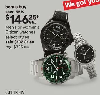 JC Penney Men's or women's citizen watches offer